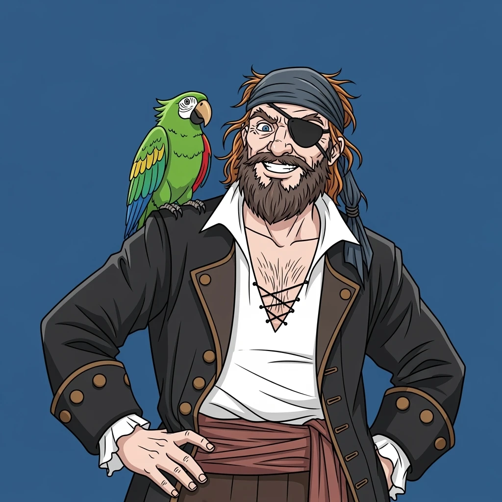 color vector art with thin outline of pirate with eye patch and parrot on shoulder emoji
