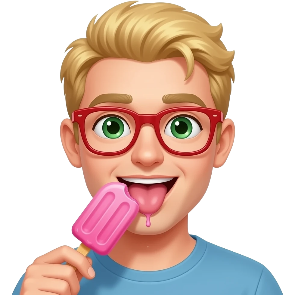 Gryzienie loda na patyku w kolorze różowym językiem włosy blond zielone oczy i okulary w kolorze czerwonym, kapiąca ślina emoji