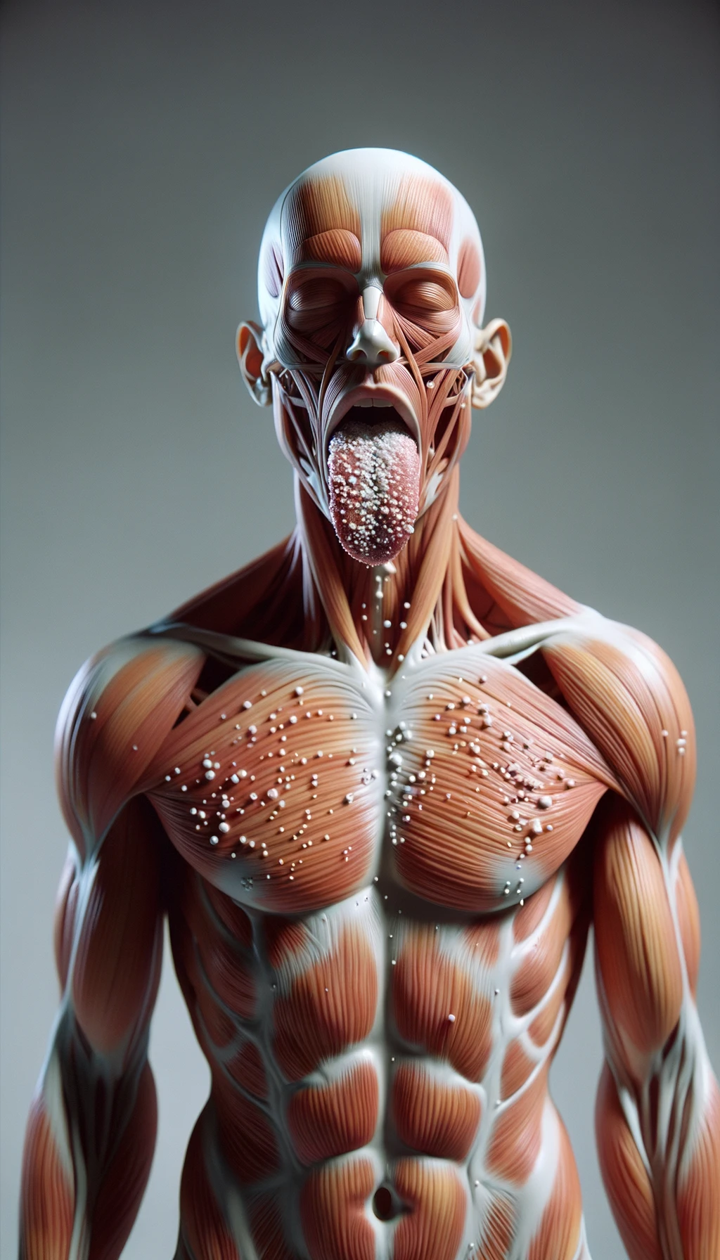 CORPO UMANO ANATOMICO IN PIEDI FRONTALMENTE CHE TIENE LA LINGUA UN PO' FUORI ED è PIENA DI MACCHIE BIANCASTRE, NEUTRAL CLEAR BACKGROUND, COLORI REALISTICI DEI MUSCOLI, iperrealistico 4k emoji