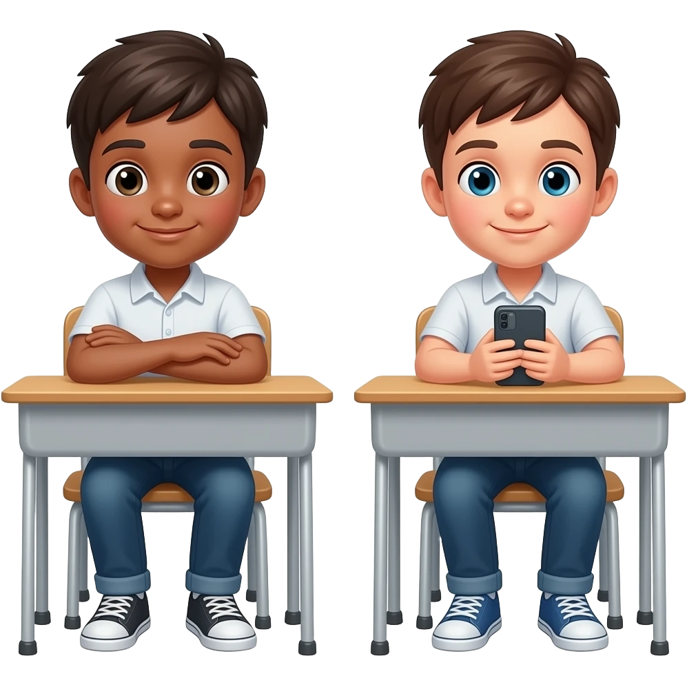 two boys siting in school one with crosed hands other with phone in hands emoji