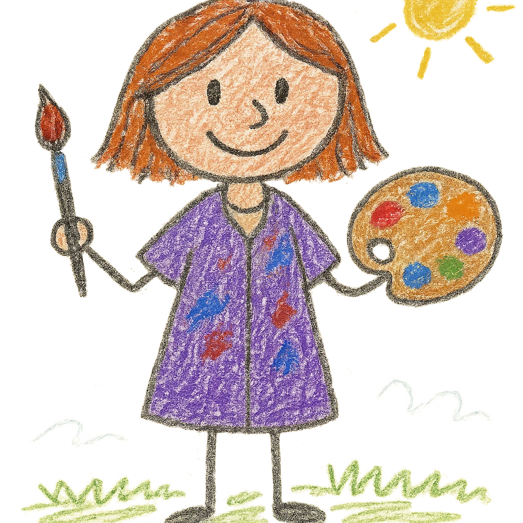 Serene female oil painter, Caucasian features, shoulder-length auburn hair, soft brown eyes, gentle smile, wearing a violet painter’s smock lightly stained with paint over a beige blouse, holding a wooden palette with vibrant colors in one hand and a brush in the other, waist-up, front-facing emoji