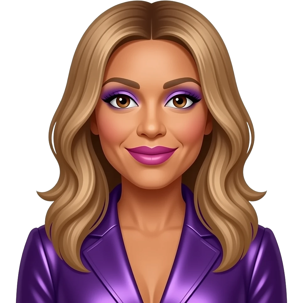 Wendy Williams with brown eyes, long golden brown hair, purple eyeshadow, hot pink lipstick, purple metallic outfit emoji