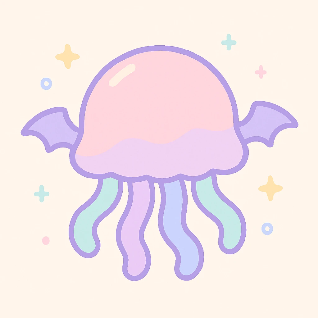 kawaii style jellyfish with no face, pastel dreamy colors, with small bat wings, whimsical atmosphere emoji