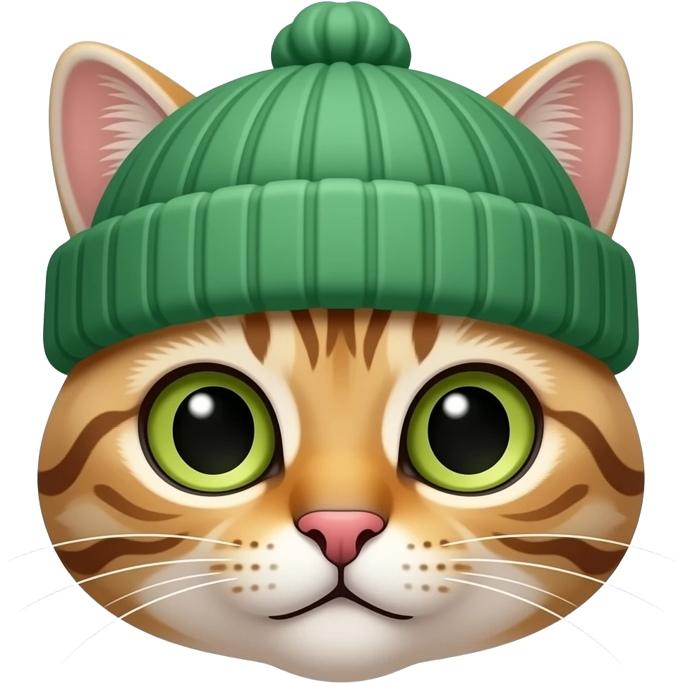 spectacled cat wearing green beanie, face emoji