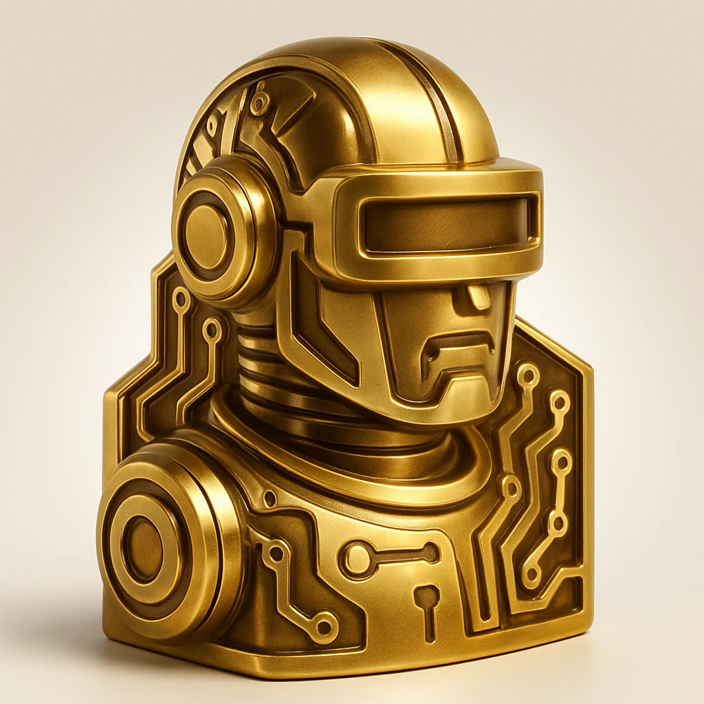 Remove any 'being programmed' text from the image. Keep only the art deco robot logo with stylized circuitry. Use gold and black colors with streamlined forms and bold outlines. No text should be present in the image. emoji