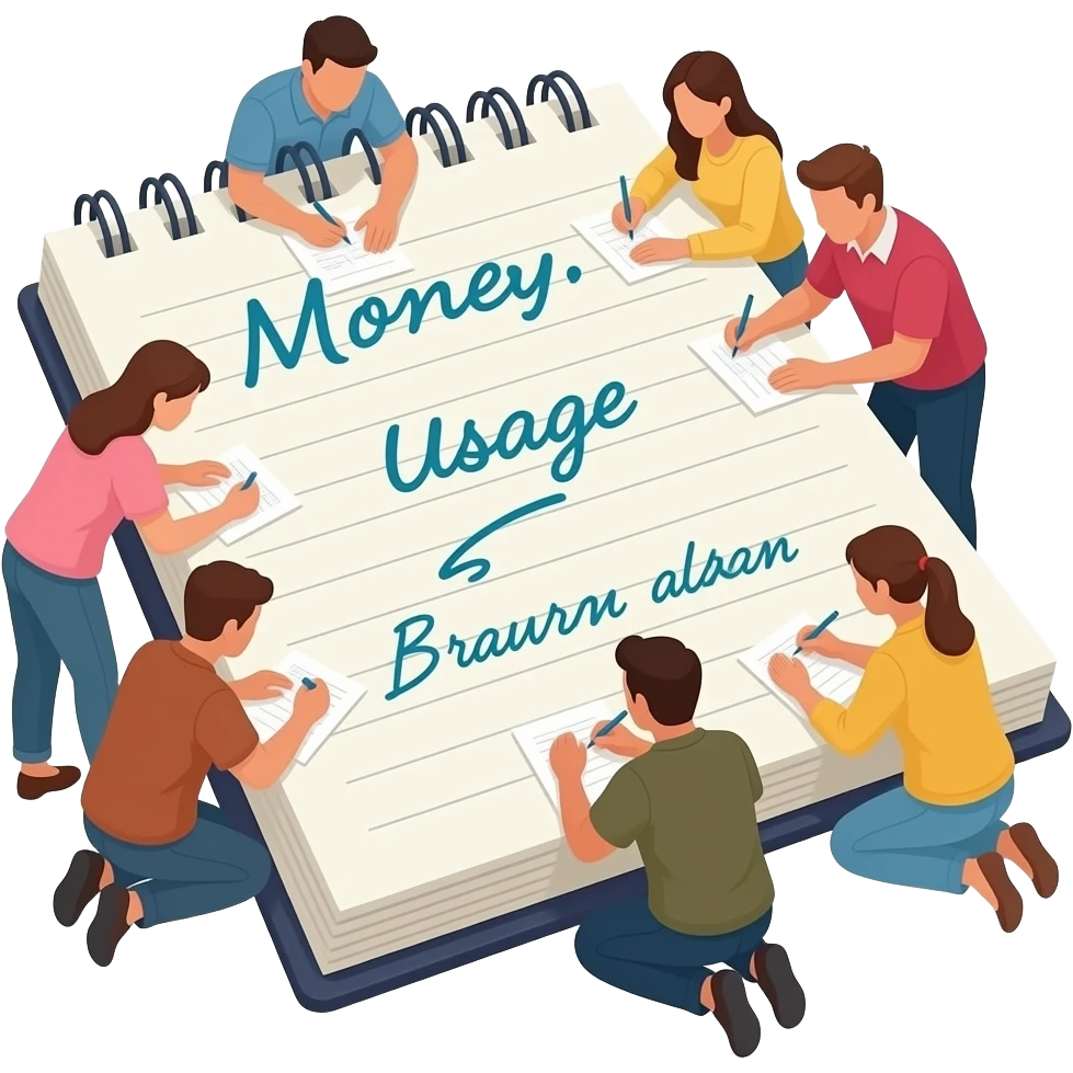 giant notebook and people writing money usage on it emoji