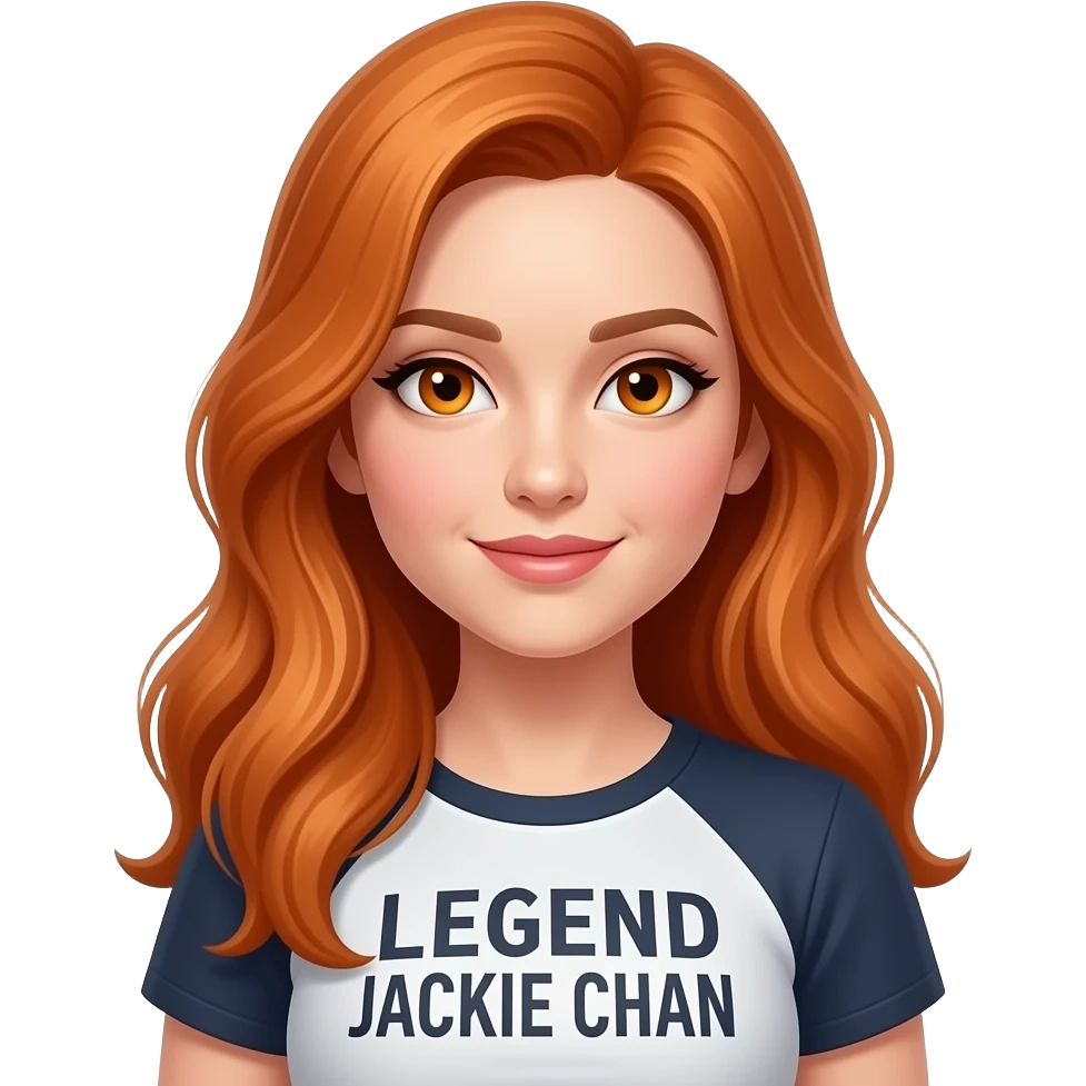 sexy girl with long ginger hair and ginger eyes a top with LEGEND JACKIE CHAN written on it emoji