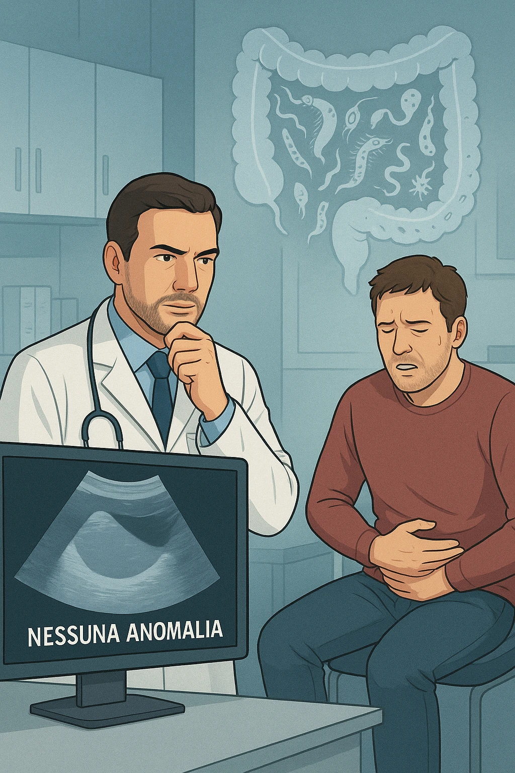 Medico in camice bianco in uno studio moderno, mentre osserva una TAC o ecografia su uno schermo con espressione convinta. Accanto a lui, un paziente seduto che lamenta dolori intestinali. Sullo sfondo, un’immagine traslucida dell’intestino pieno di piccoli parassiti stilizzati (vermi, protozoi), non visibili nel monitor medico. Il monitor mostra 'nessuna anomalia', ma dietro c’è la realtà invisibile. Atmosfera clinica ma con contrasto simbolico tra 'ciò che si vede' e 'ciò che sfugge'. Colori freddi, luce ospedaliera in italiano emoji