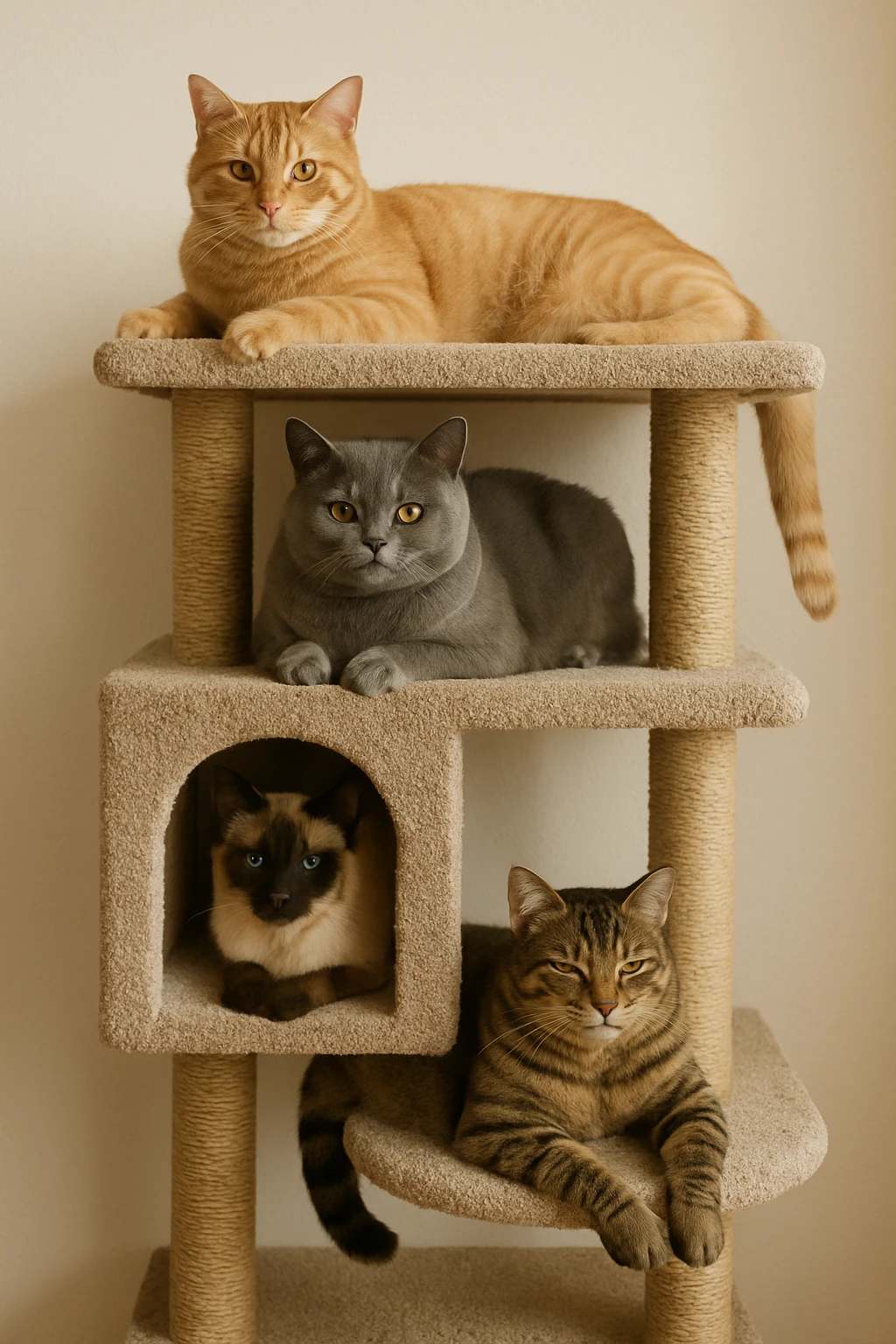cats relaxing in a vertical playhouse emoji