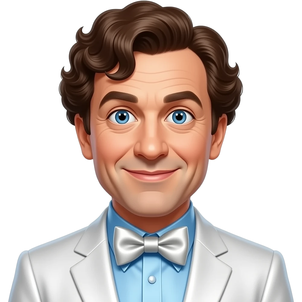 Larry Fine from The Three Stooges with blue eyes, brown curly hair with bang, light blue metallic shirt, white metallic suit jacket with bow tie emoji