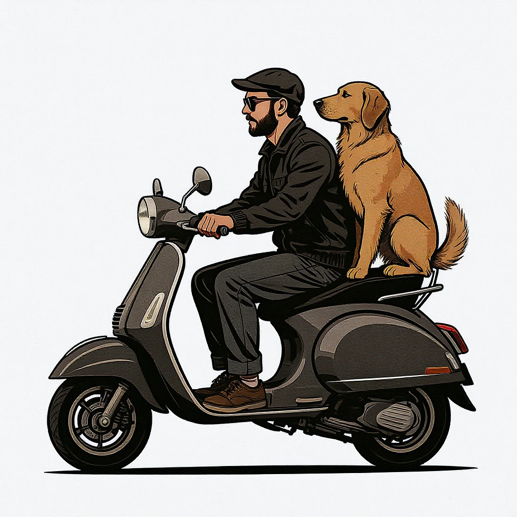 vector art of a man and his pet dog riding a vespa, for website design  emoji