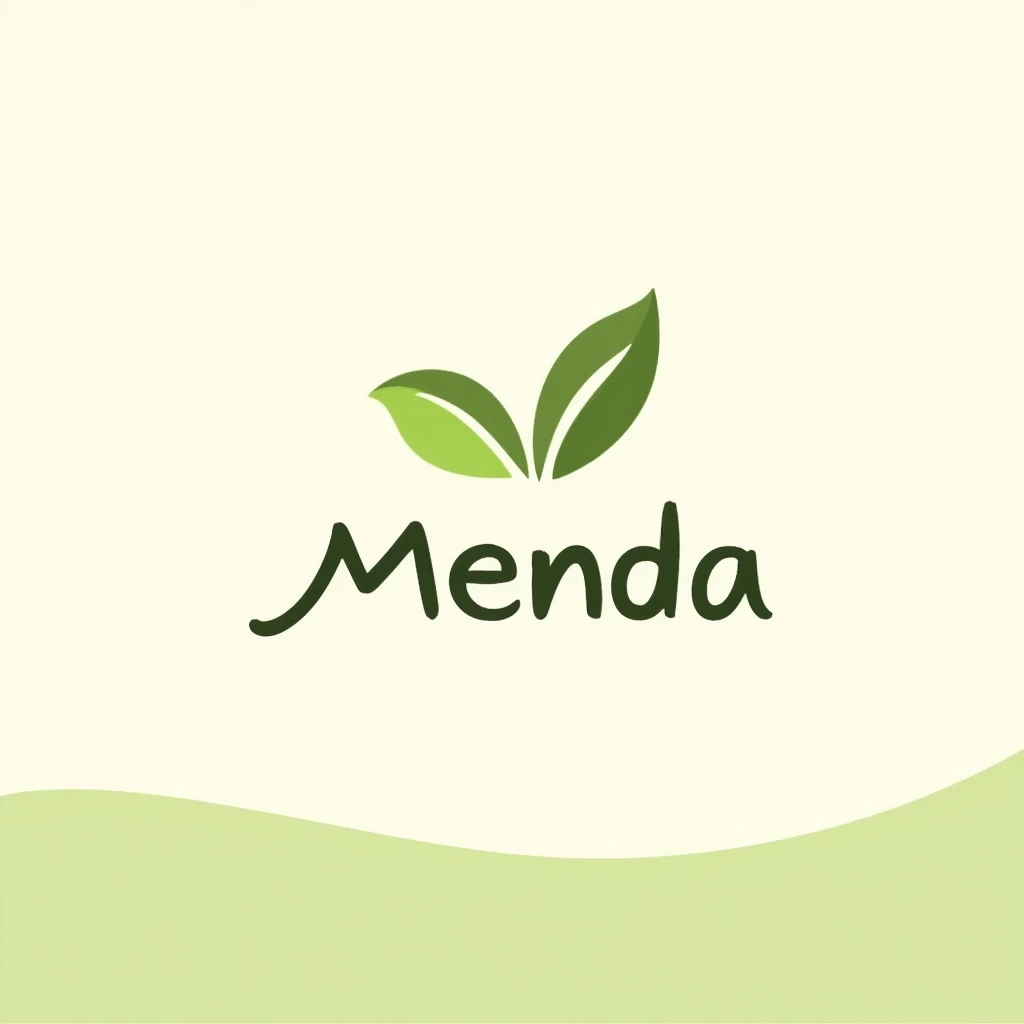 Organic foods and wellness logo for 'Mendra'. Flowing green line leaf, upward curve, symbolizing growth. 'Mendra' in clean sans-serif, green shades for depth. Soft beige and pale green gradient background, Notion black doodle style. emoji