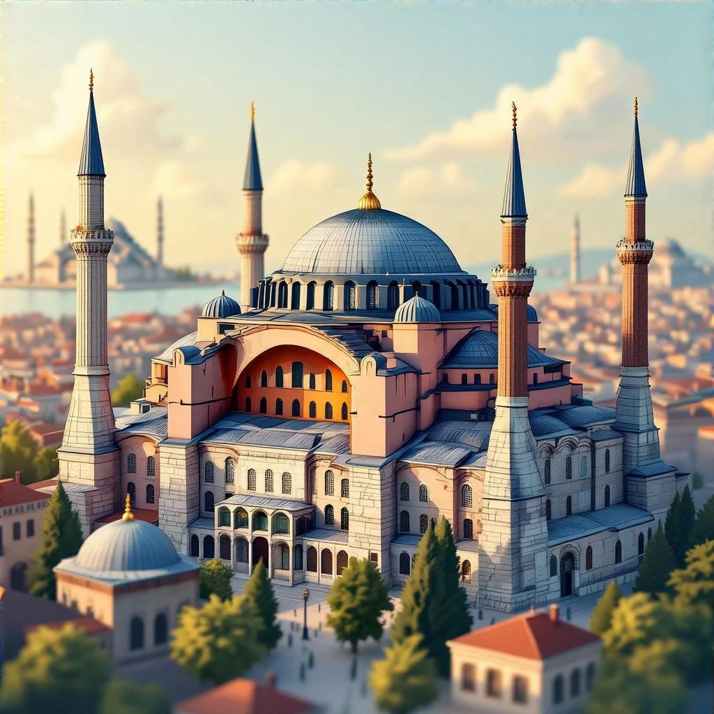 Isometric illustration of Istanbul, featuring photorealistic of Hagia Sophia in Istanbul central dome with four minarets, subtle stone textures, soft lighting and shadows, semi-realistic and stylized miniature look, transparent background. emoji