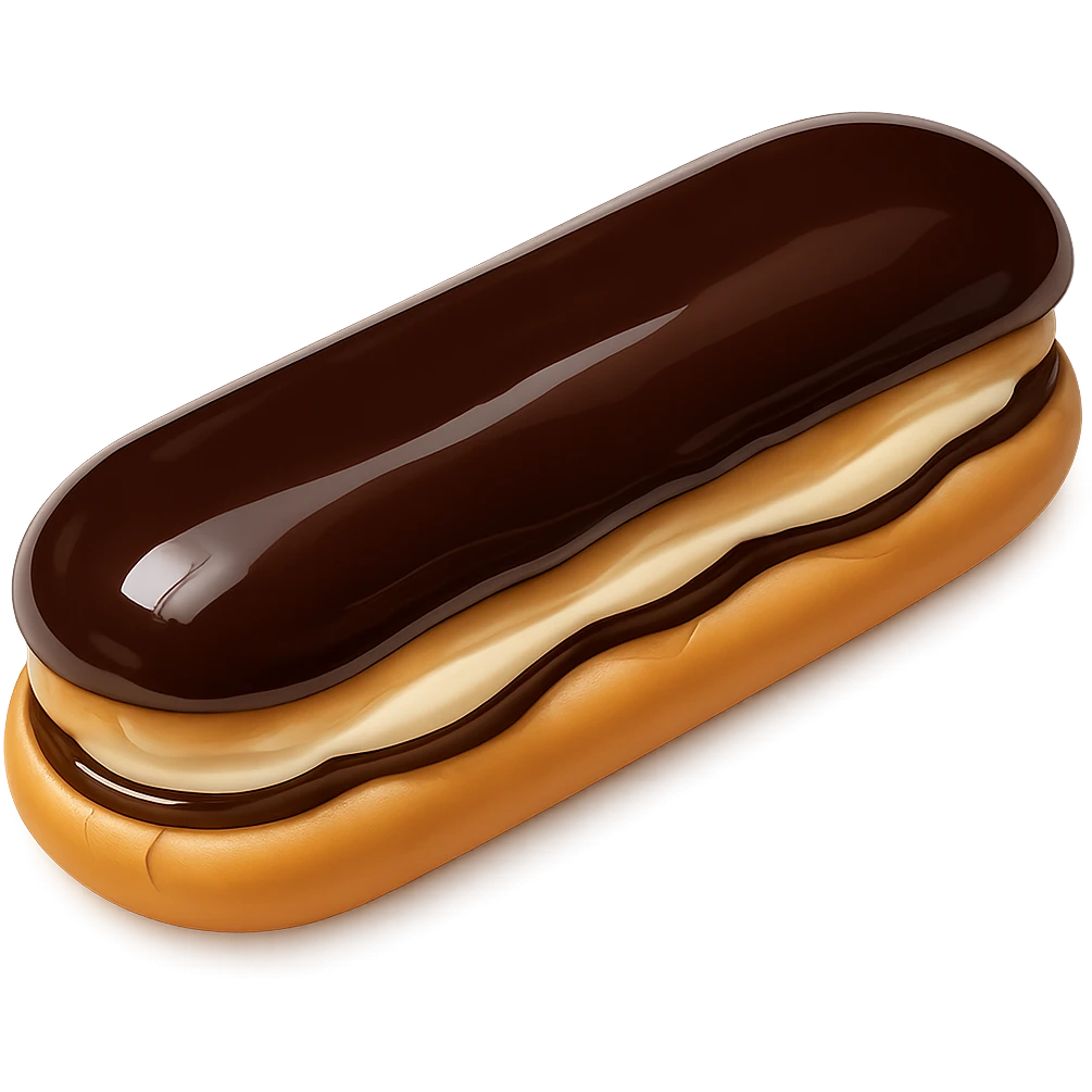 Add a glossy chocolate glaze on top of the dairy-filled eclair, keeping the style and background the same as the original image. emoji