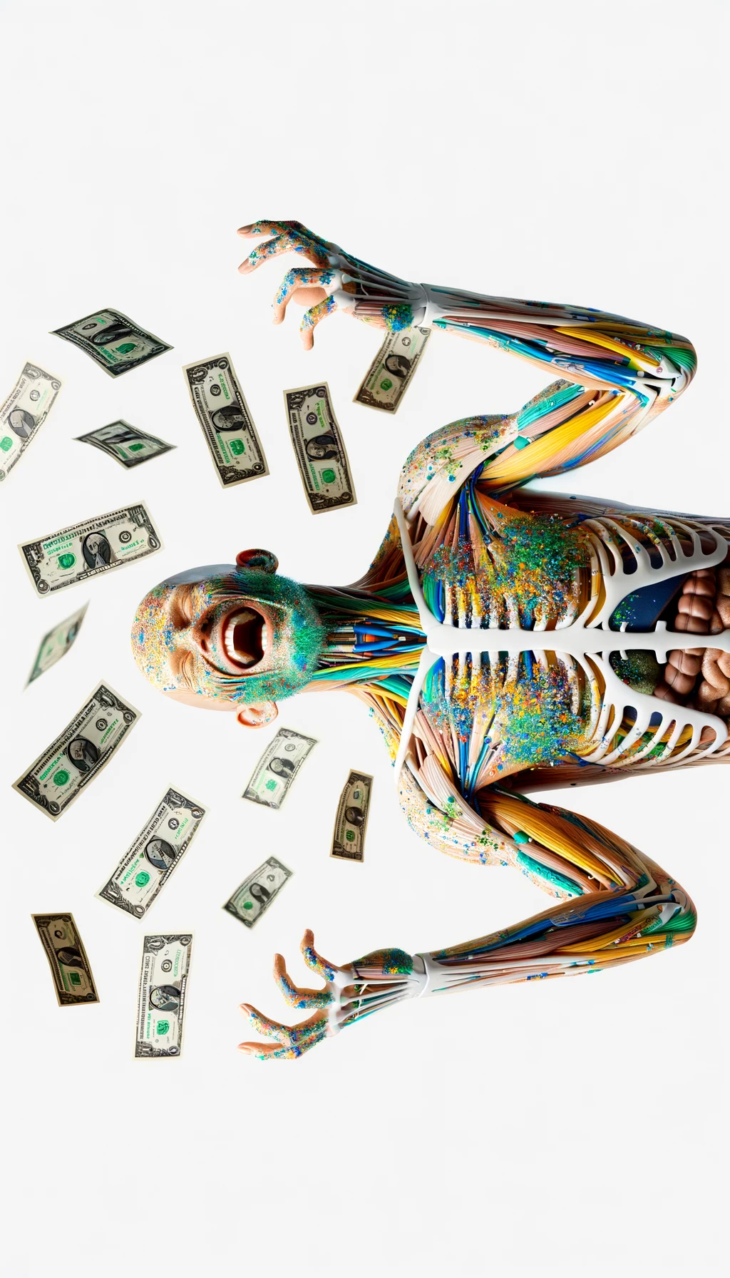 corpo umano anatomico sereno e felice con banconote sparse appiccicate sul corpo, colori realistici del corpo, espressione stupita, iperrealistica 4k, isolato su sfondo bianco emoji