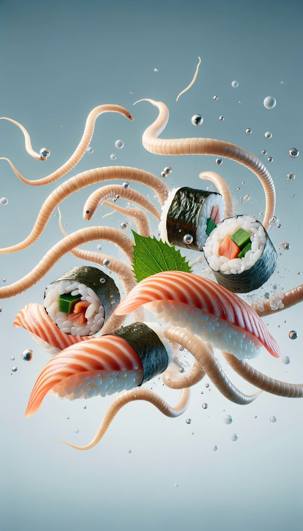 sushi crudo fluttua in aria insieme a dei lunghi vermi beige chiaro, iperrealistico 4k emoji
