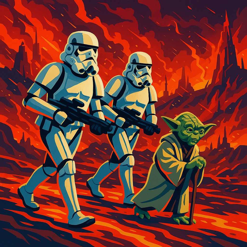 vector art of a Starwars stormtroopers is walking on lava planet with yoda, battleground background 
 emoji