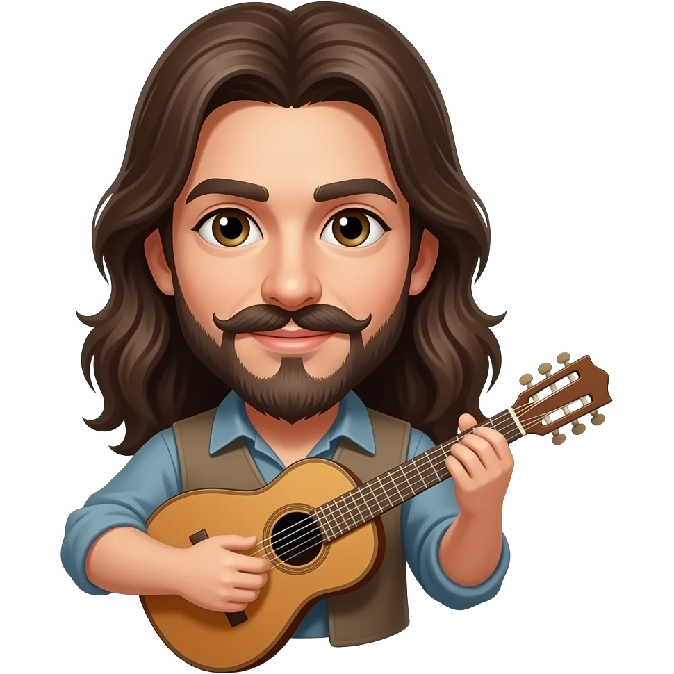 Beautiful Happy Bard with long hair, Handlebar mustache, pointed goatee and a lute emoji