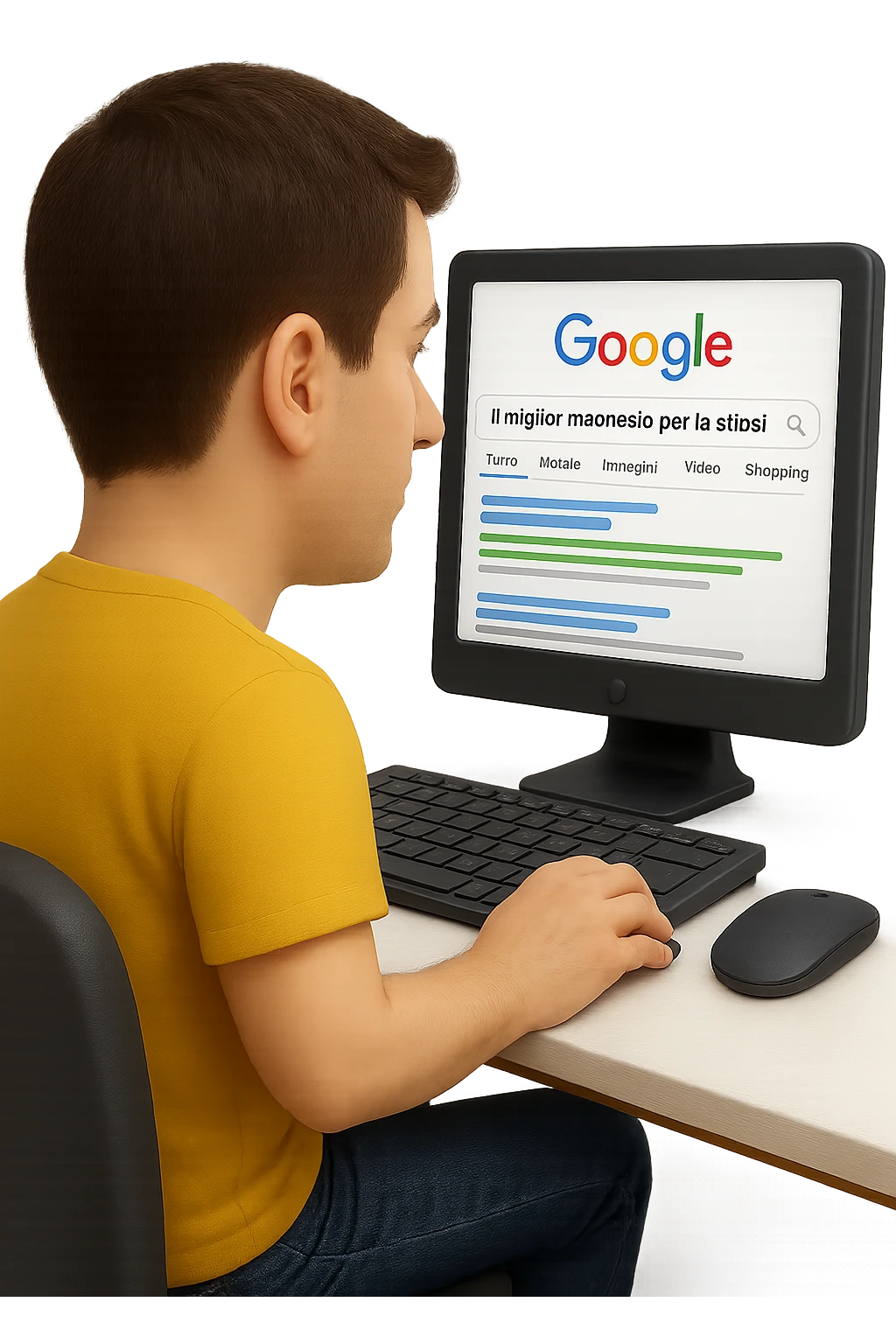 emoji stile iphone di un uomo davanti al pc che cerca di google: "Il miglior magnesio per la stipsi", iperrealistico 4k emoji