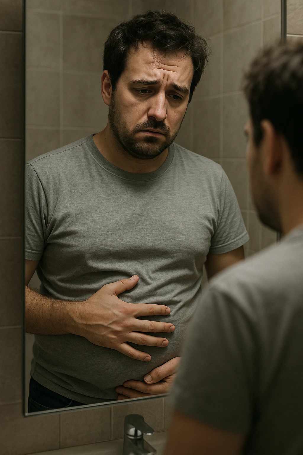 uomo che si guarda allo specchio triste mentre si tocca la pancia, pensieroso, iperrealistico 4k emoji