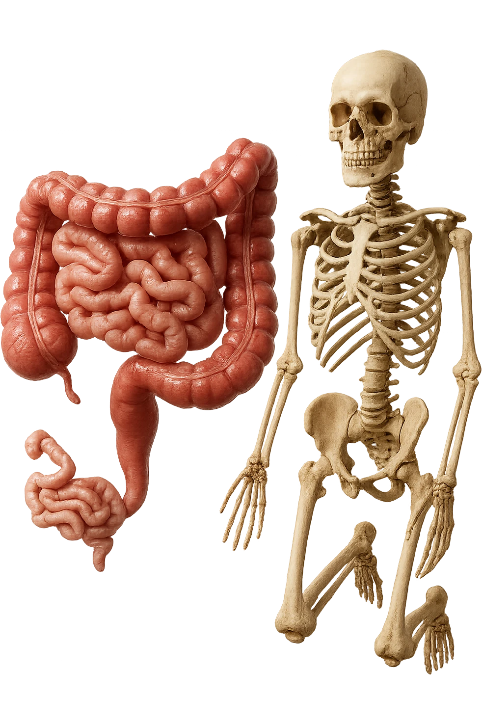 intestino umano anatomico e ossa umano anatomico fluttuano in aria, iperrealistico 4k emoji