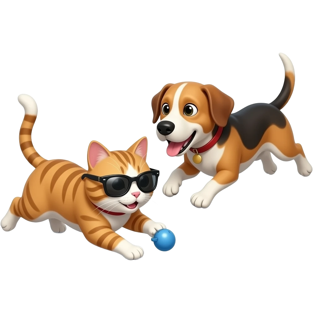 Cat wearing sunglasses and with a dog chasing the cat playing tag and there on all fours emoji