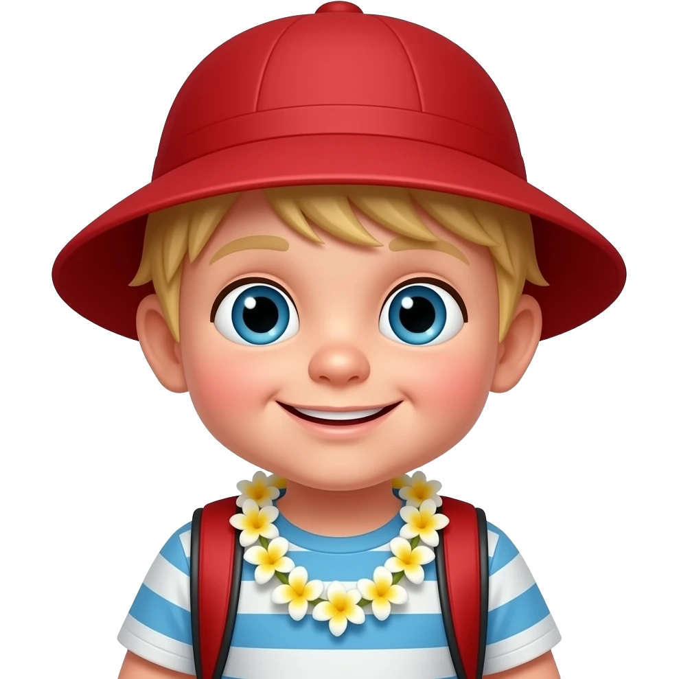 Baby boy Hawaiian menehune in preschool more menehune from Hawaii blonde baby going to school show younger and more menehune eliminate background children have the red menehune hat and backpack on emoji