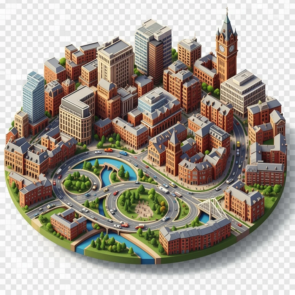 Isometric illustration of Birmingham, balanced between stylized and realistic, 3D miniature effect, transparent background. emoji