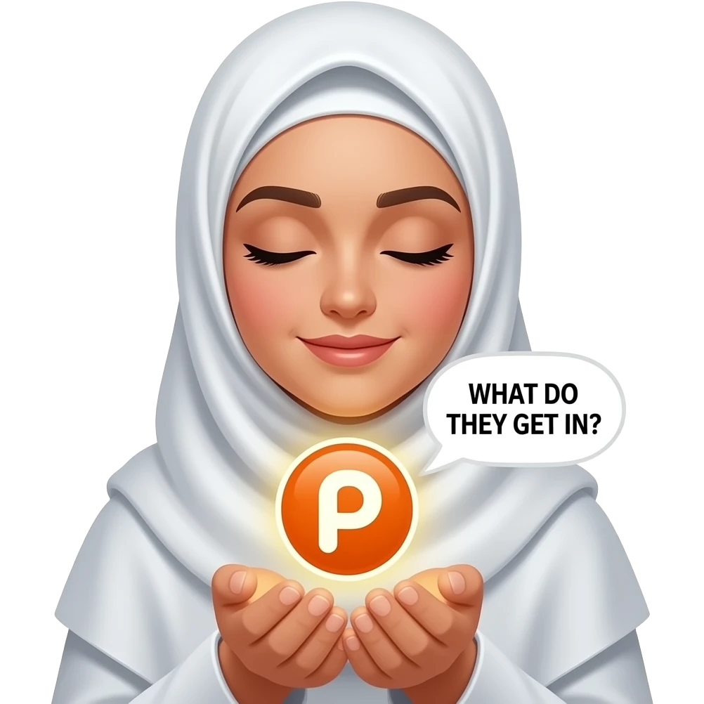 An ethereal Muslim woman, closed eyes, wearing a soft white satin hijab, gently cupping a luminous Patreon icon made of liquid light. Text bubble: 'WHAT DO THEY GET IN?'. Isolated on white, magical stardust, 3D icon style emoji