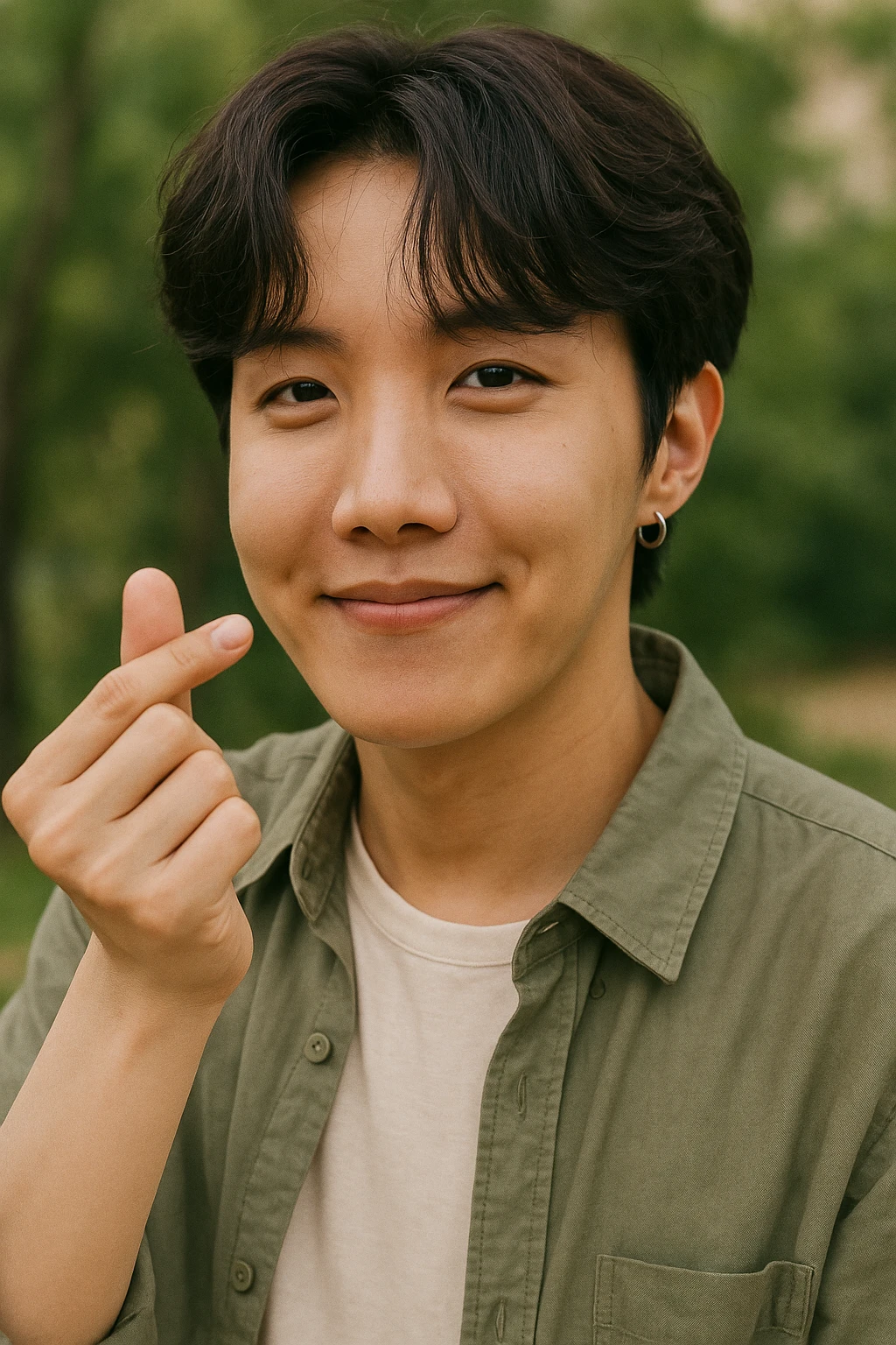 J-hope matching the pose, expression, and style of the first reference image, showing finger heart, soft smile, natural look, vibrant and natural style emoji