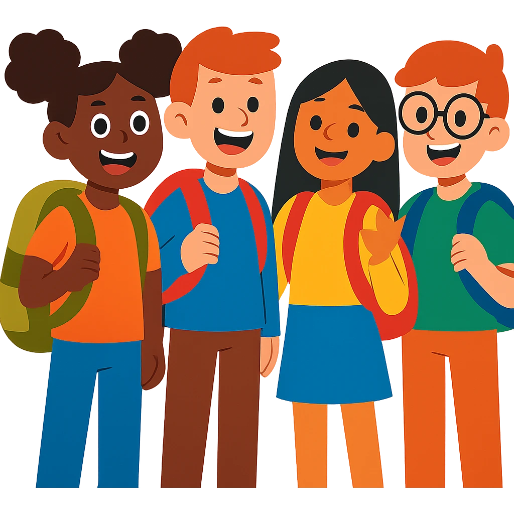 students with backpacks, friendly, diverse, cheerful emoji