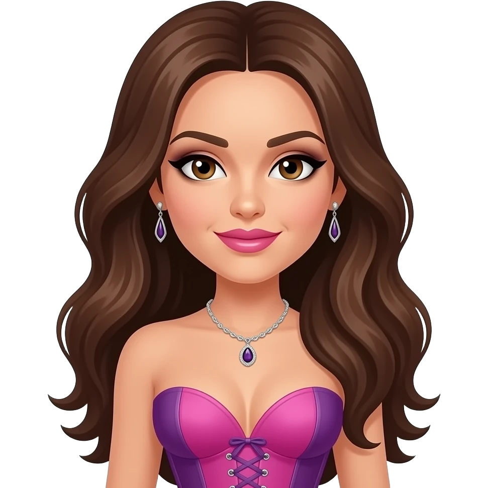 Melody Thornton from The Pussycat Dolls with brown eyes, long brown hair, black eyeshadow, pink lipstick, pink and purple off corset dress, necklace and earrings emoji