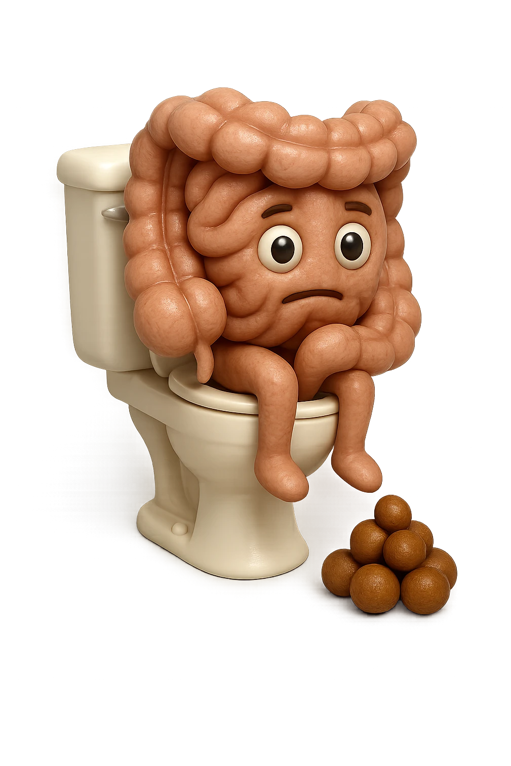 EMOJI STILE IPHONE 3D DI UN INTESTINO CHE sta seduto sul wc e davanti ha una montagnetta di feci a palline stile emoji iphone E FALLO MOLTO REALISTICO IN 3D emoji