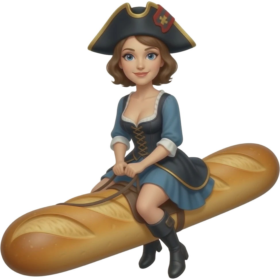 wild historical French Mariana in a tight corset with a large open neckline, with a rebel Jacobin cap riding a narrow French bread emoji