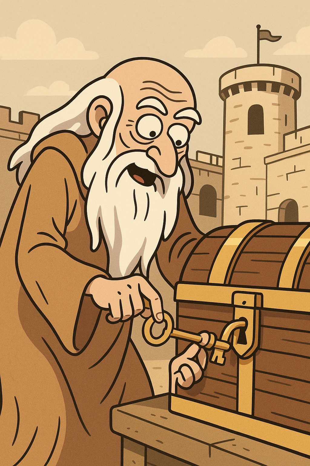 Père Fouras unlocking a treasure chest with a key, flat toon style, playful, exaggerated features, fort elements visible emoji