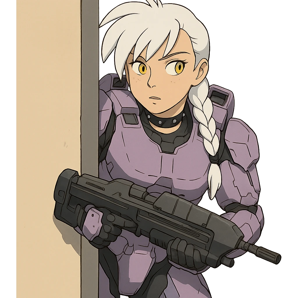 female, wearing reach spartan armor default, long white braid hair with massive messy front side single bangs, gold yellow eyes, attention pose, HALO:series, no helmet, the armor is lavender color scheme, shoulder pad off. DDD bust size fitting. Punk gothic cyberpunk, peeking around a corner wall brandishing a classic halo1 AR emoji