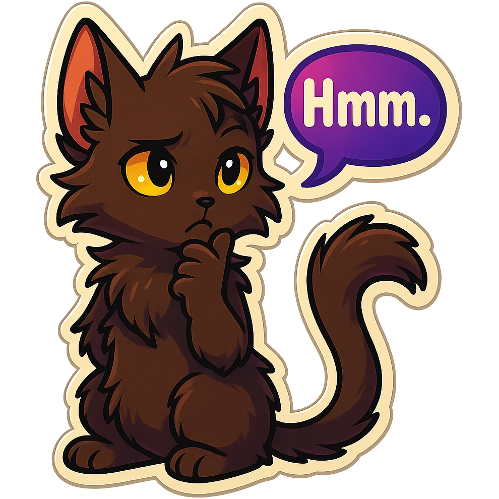 a dark-brown fluffy cute kawaii anthropomorphic furry anime cat-furry with tufted ears, golden eyes, and a long thin tufted tail, thinking, frowning thoughtfully, saying “Hmm..” with a purple speech bubble, (cartoon style) (cute anime style) (furry style) (deviantArt style) (artist style: Kamirah) emoji