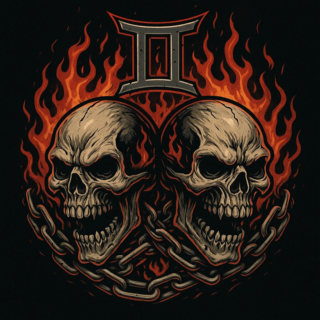 Two twin skulls with Gemini symbol, heavy metal band logo style, flames and chains emoji