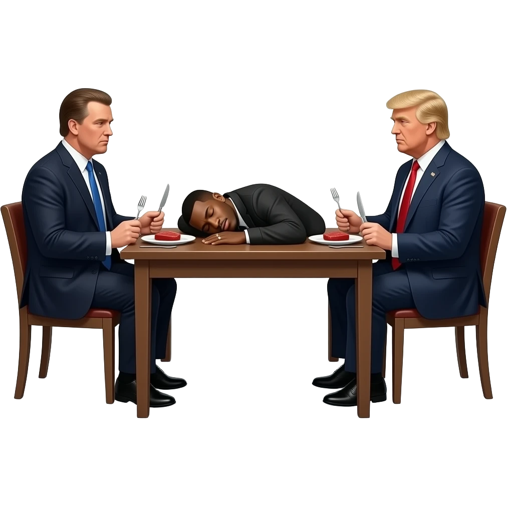 old jeffrey epstein and donald trump in a dark room, sitting at a table with two seats (one for each of them) and on the table is the rapper dababy (hes asleep on his back) and espstein and trump have plates forks knives with little red meat on it emoji