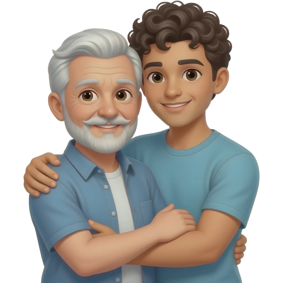 Love between an older man with short white hair and handlebar mustache and goatee with a tall young man with fair completion and curly dark hair emoji