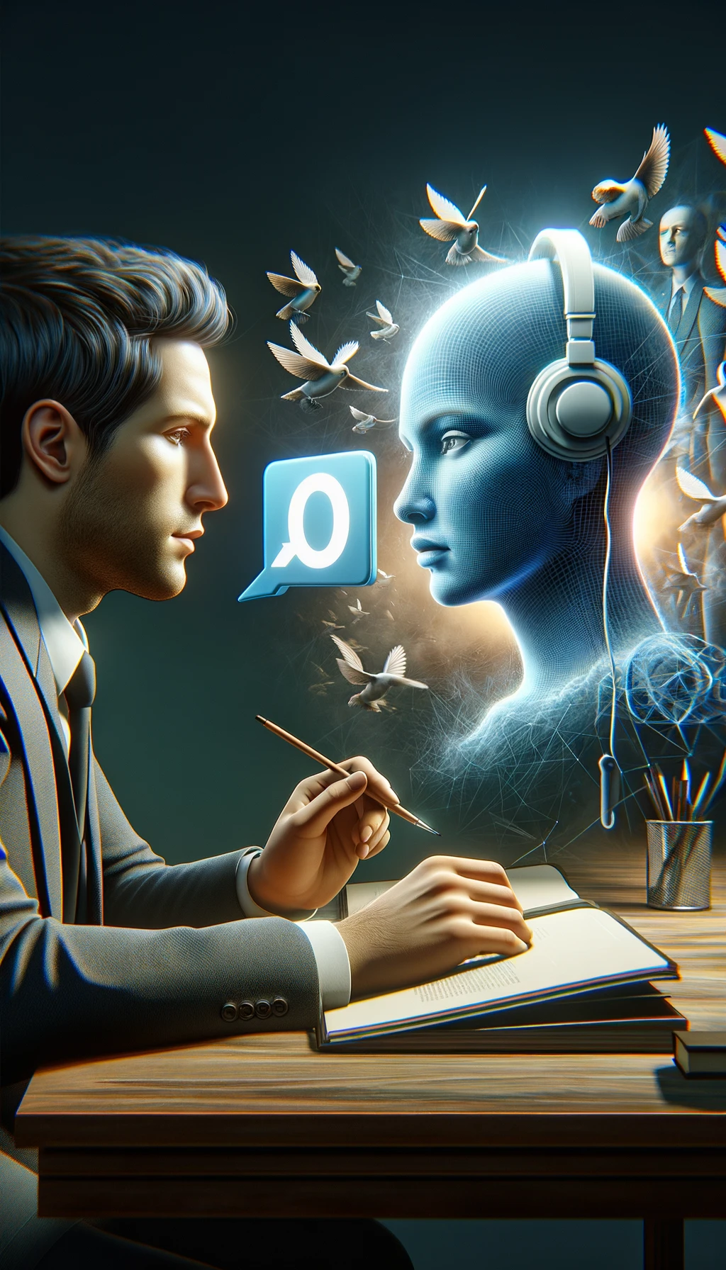 una persona parla ma sopra di lui c'è il simbolo "muto", un altra persona lo ascolta, immagine iperrealistica 4k emoji