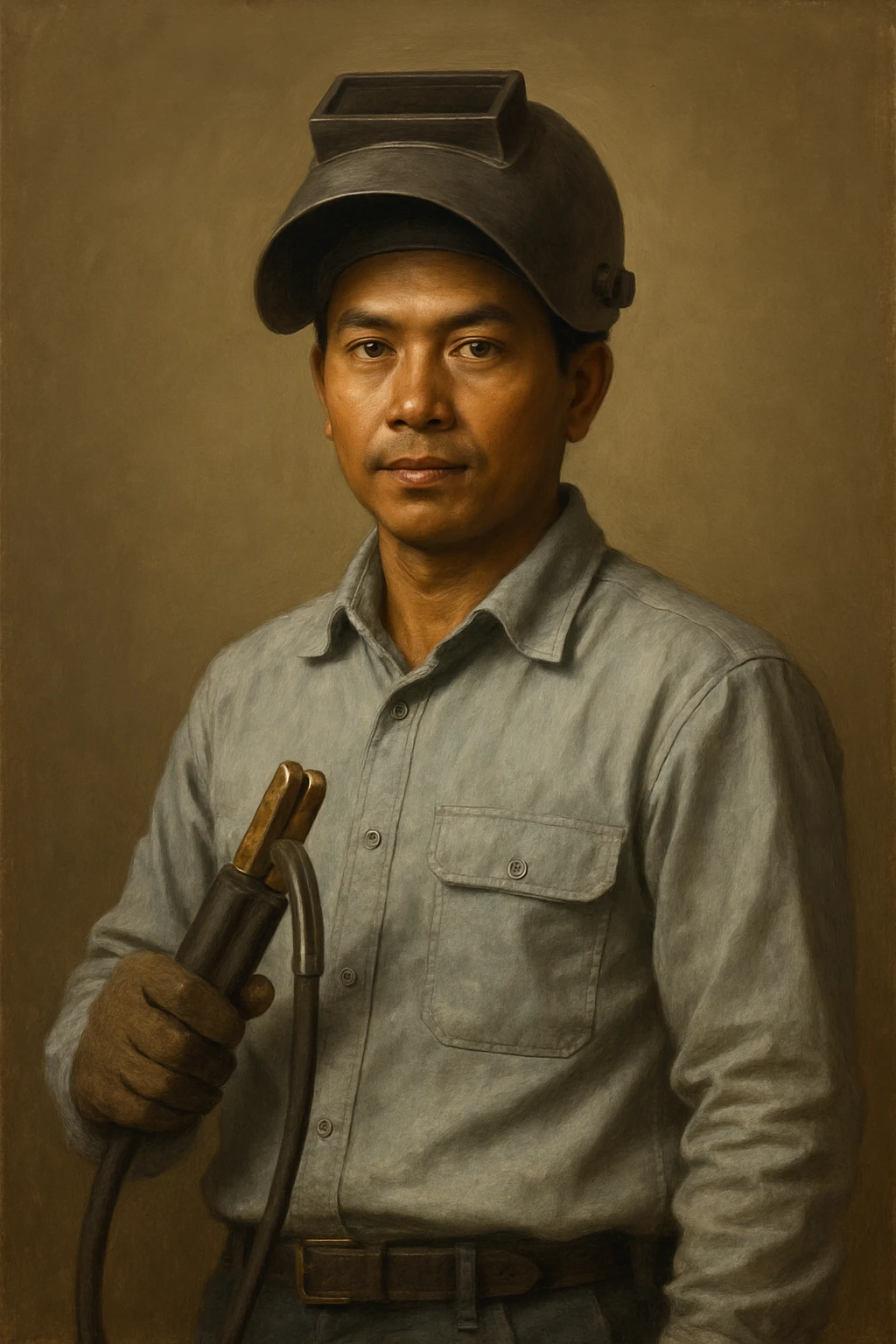 Сгенерируй мне в стиле реалистичной живописи на однородном фоне сварщика индонезийской внешности. Он одет опрятно и чисто emoji