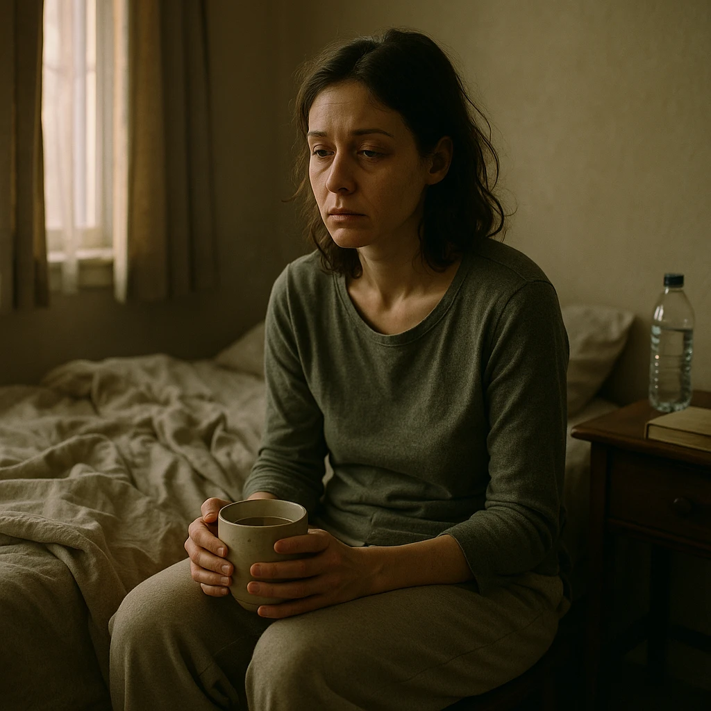 A cinematic, realistic morning scene: a woman in her early 30s, pale and tired, sits on her bed, slouched, with dark circles under her eyes. She wears loungewear, holds herbal tea, and is surrounded by a cozy, slightly messy bedroom—blanket, water bottle, book on the nightstand. Soft natural light from the window highlights her exhausted expression, conveying the invisible struggle of chronic fatigue syndrome with dignity and a gentle, compassionate aesthetic. emoji