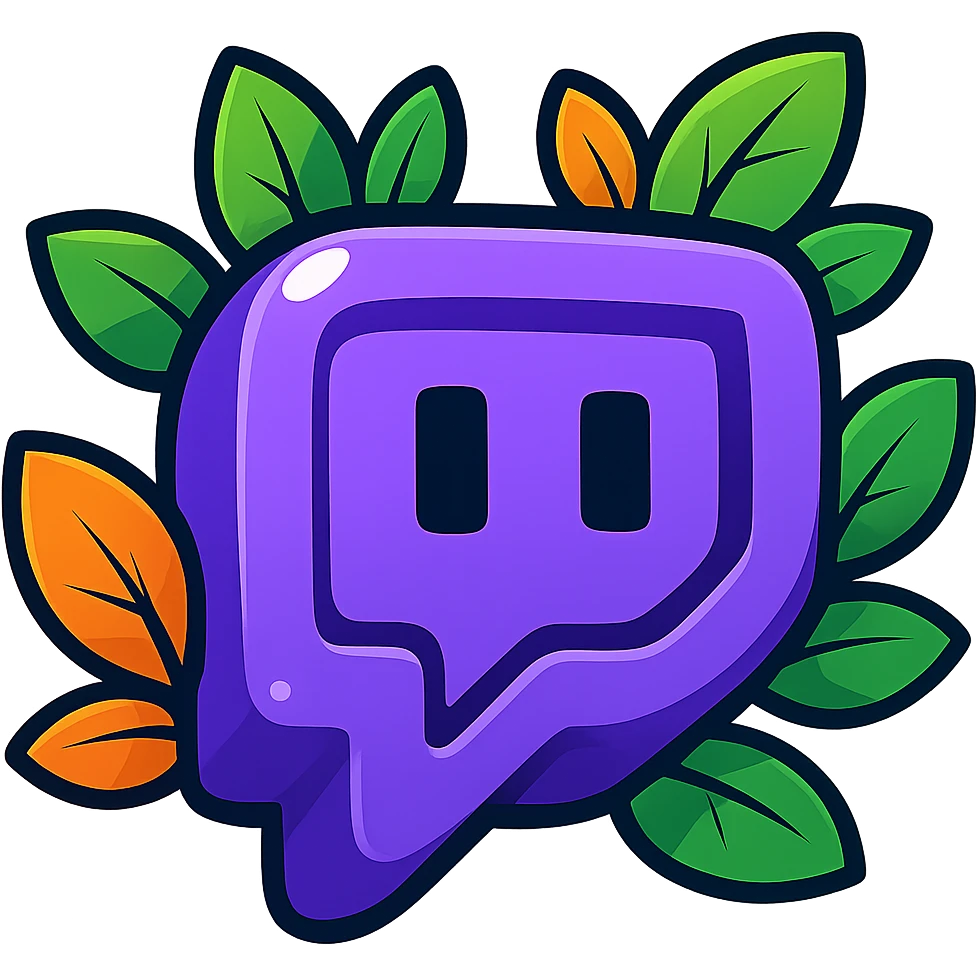 Chunky, soft, and glossy Twitch logo in vibrant toon style with bold black outline, strong graphic solid shadows, bright glossy highlights, and colorful bright leaves decorating the logo. No background. Extra attention to contours and shine, in the style of the reference image but even more rounded and flat. emoji