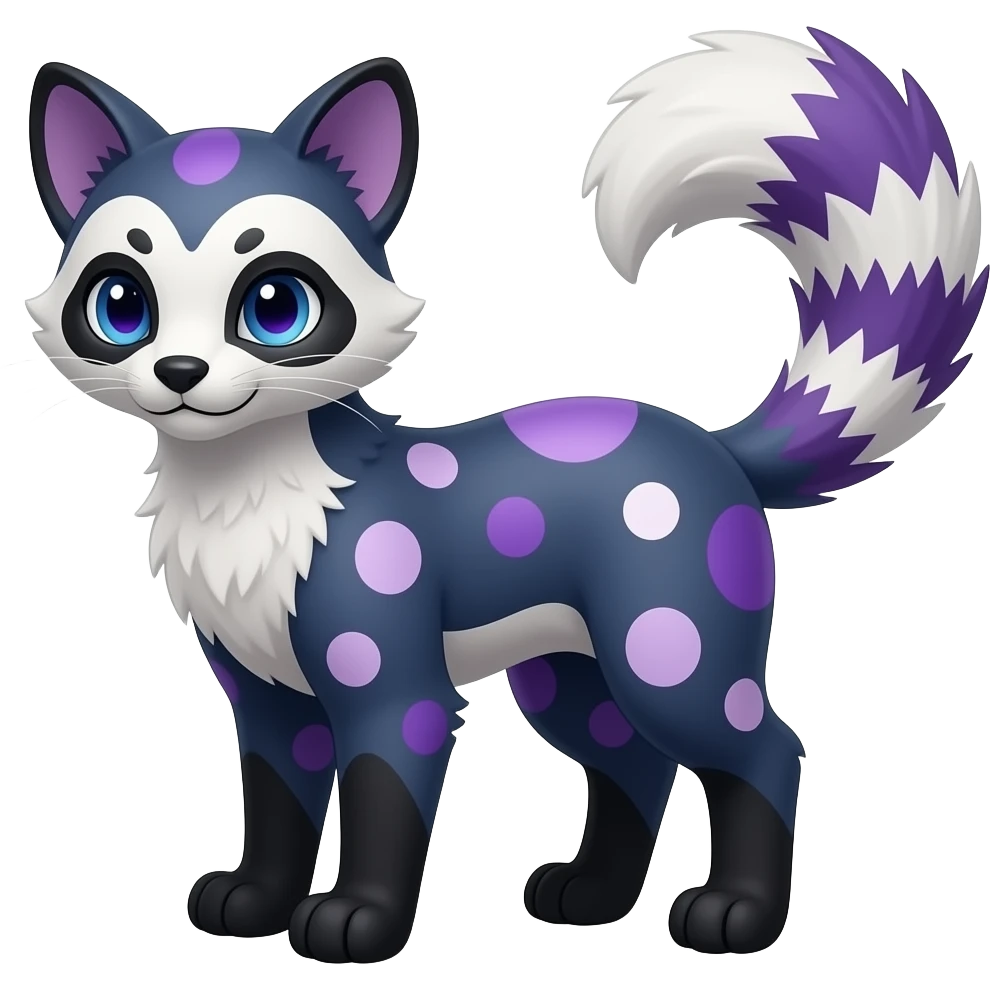 Cool colorful randomly marked smooth silky furry beautiful realistic wild indigo and violet-purple and black and white Civet-Mankeulv-Genet-Vernid-Fakémon-hybrid emoji