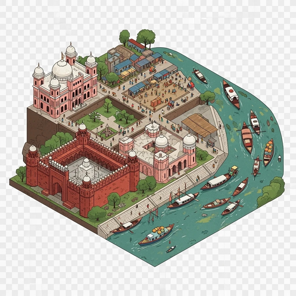 Isometric minimalistic illustration of Dhaka – Lalbagh Fort, Ahsan Manzil, bustling river boats, dirty colorful streets, subtle 3D miniature effect and Tilt Shift effect, no cartoonish look, transparent background. emoji