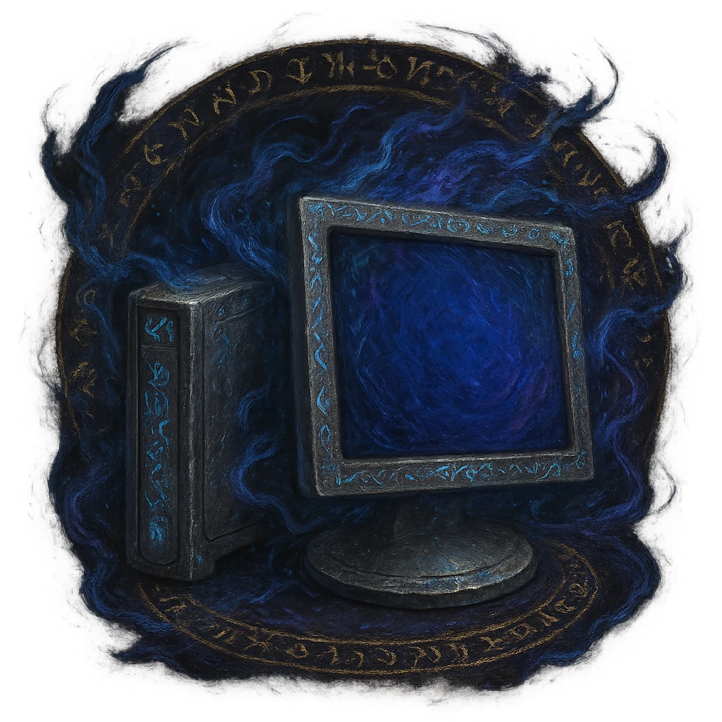 Create a variation of the Windows 'My Computer' icon as an Elden Ring incantation with a transparent background. Depict the computer as a mystical artifact, surrounded by swirling magical energy and ancient script, in a painterly dark fantasy style. 1080 x 1080 format. emoji