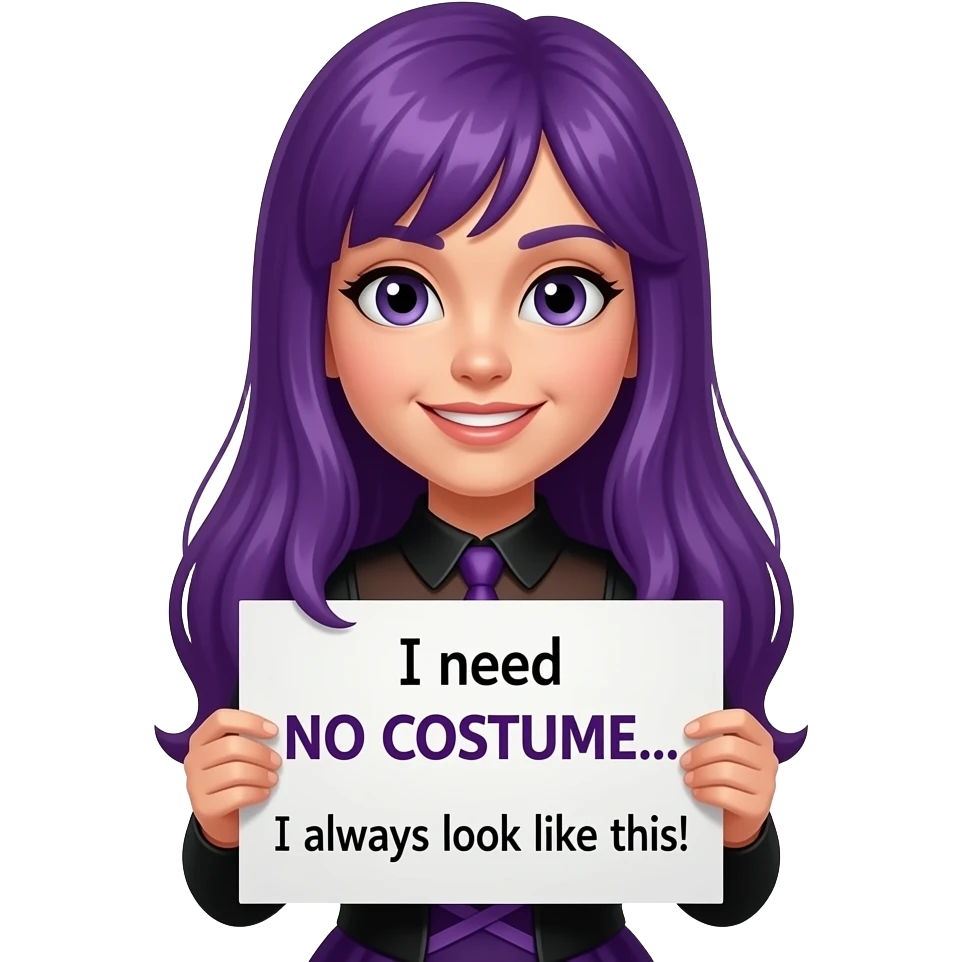 girl with long purple hair wearing a halloween costume holding a Ich brauche KEIN KOSTÜM... Ich sehe immer so aus! sign emoji