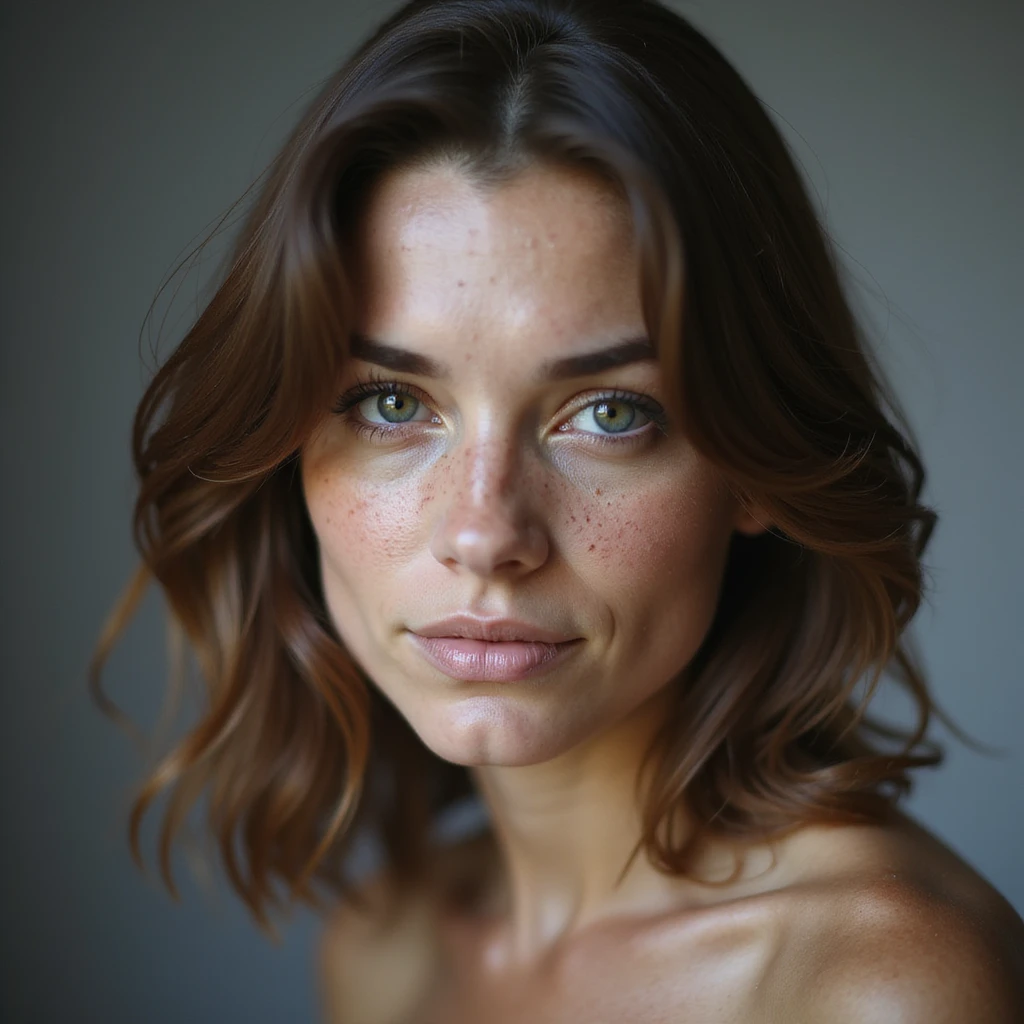 portrait of a white woman with freckles, shoulder-length brown hair, realistic style emoji