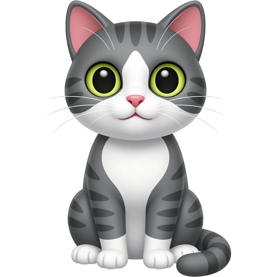 The cartoon grey and white cat sits emoji